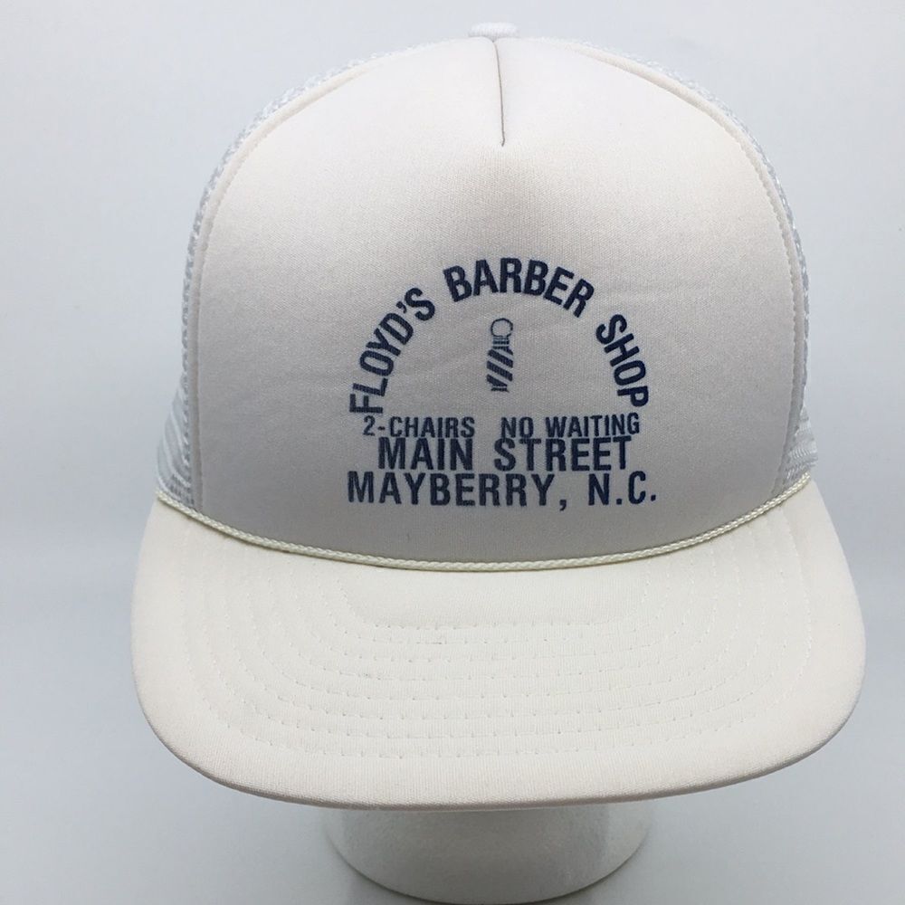 Vintage Floyd’s Barber Shop Mayberry NC white trucker hat SnapBack Andy Griffith